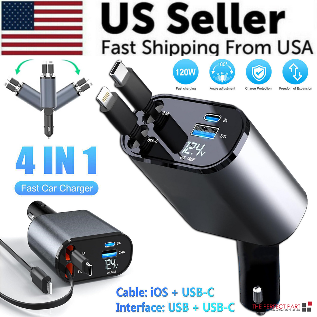 Retractable Car Charger 4 in 1 Fast Car Phone Charger 120W
